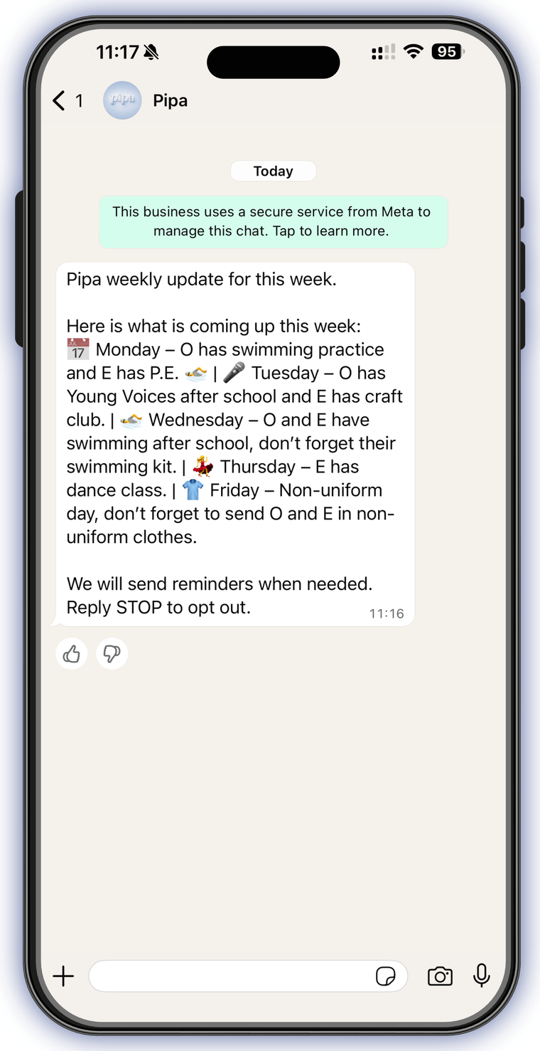 Pipa WhatsApp weekly reminder on iPhone
